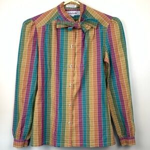 Vintage Porta Belle Button Up Shirt Size Small Fall Colors Stripes Bow Casual